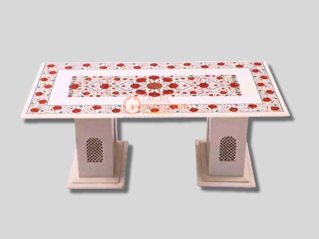 White Top Center Table Carnelian Inlay Pietradura Floral Art